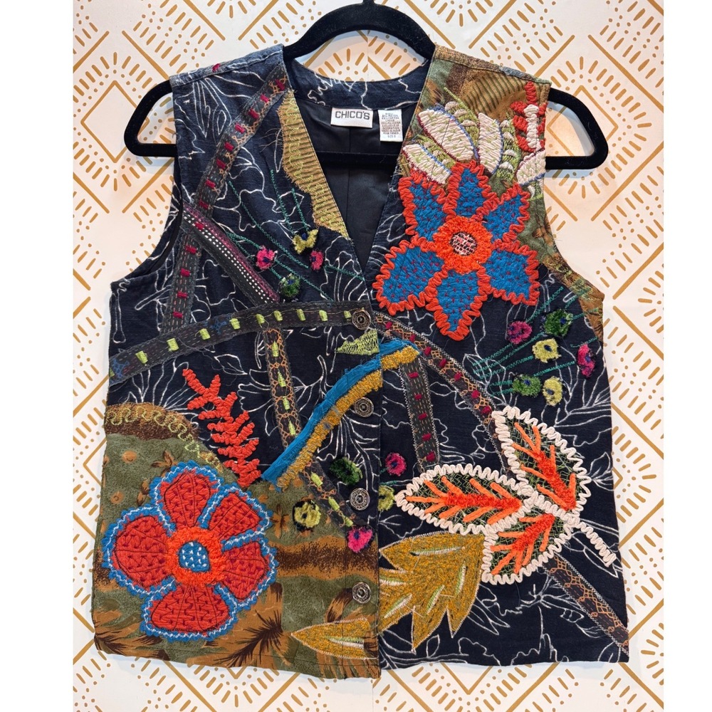 Vintage Chico's Vest S Embroidered Floral Patchwork Boho Art Wear Hippie Artsy